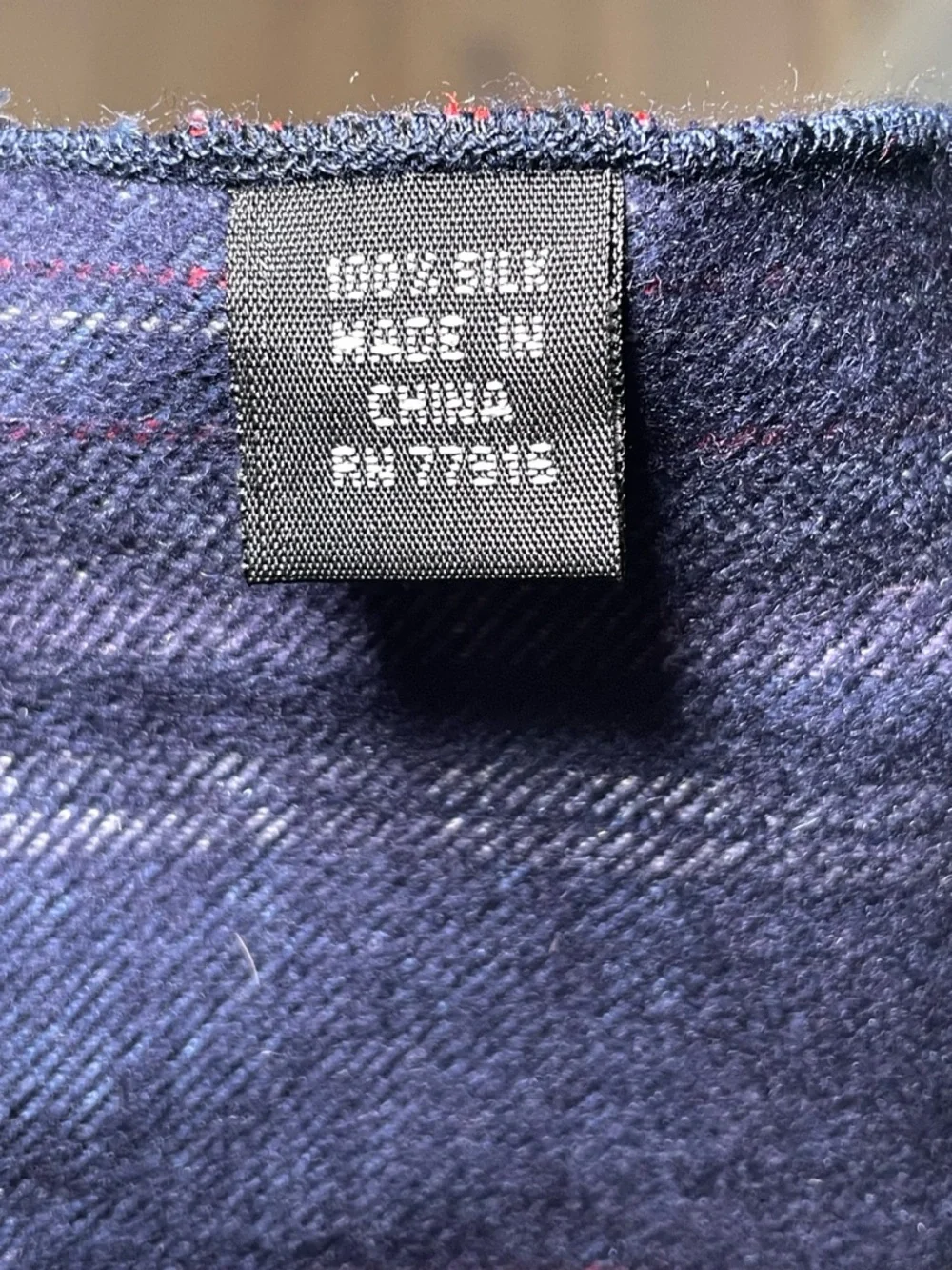 English Laundry 100% Silk Dark Navy Scarf with Gray and Red Stripes